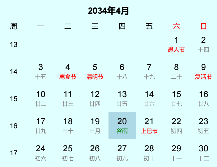 2034年谷雨日历