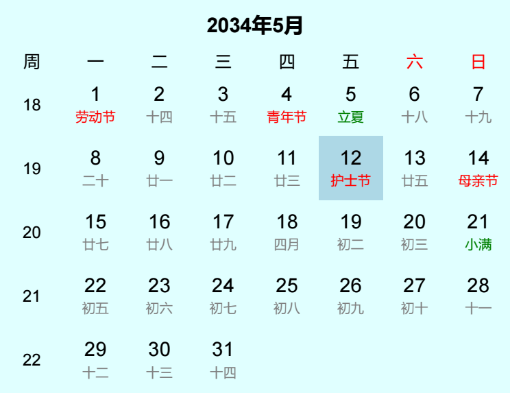 2034年护士节日历