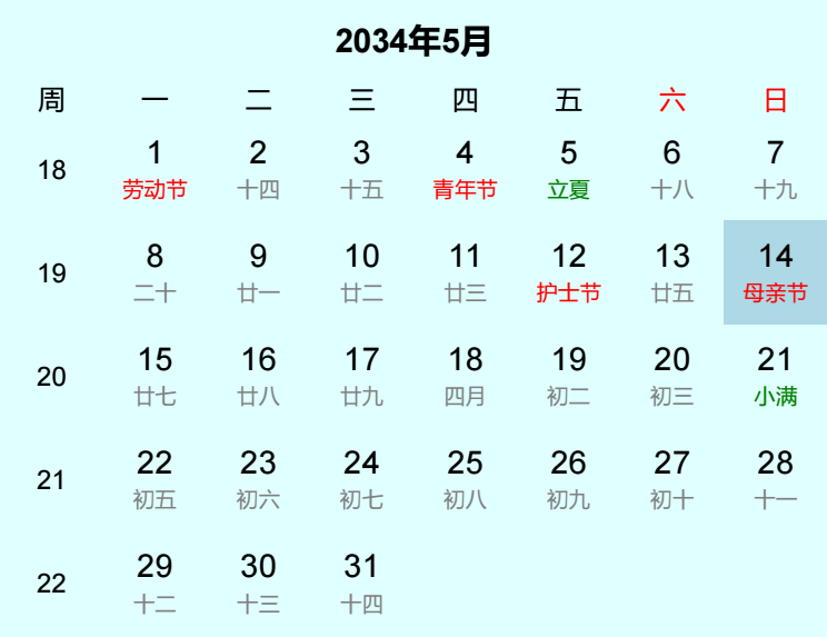 2034年母亲节日历