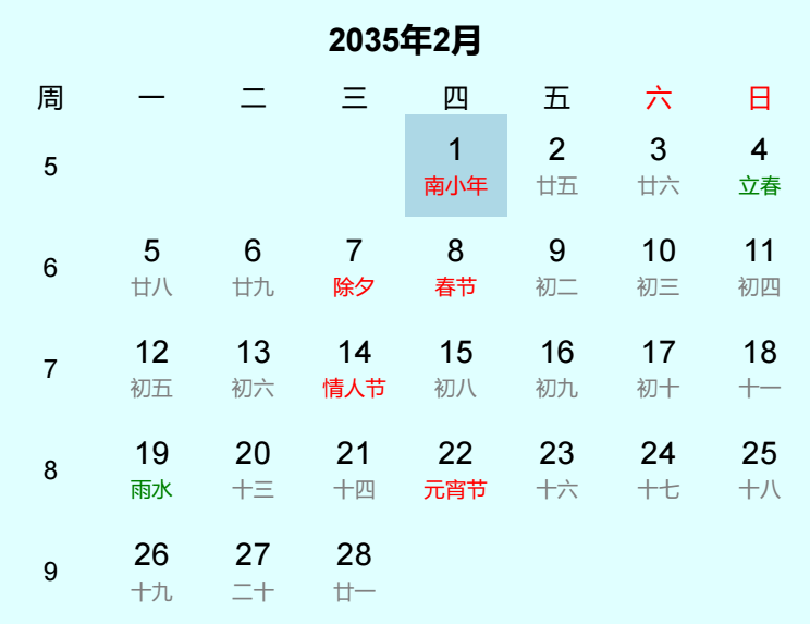 2035年南小年日历