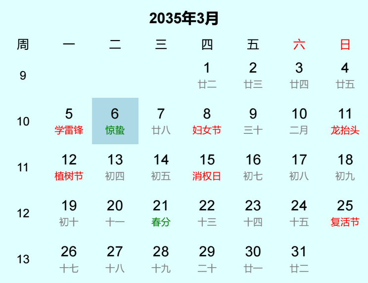 2035年惊蛰日历