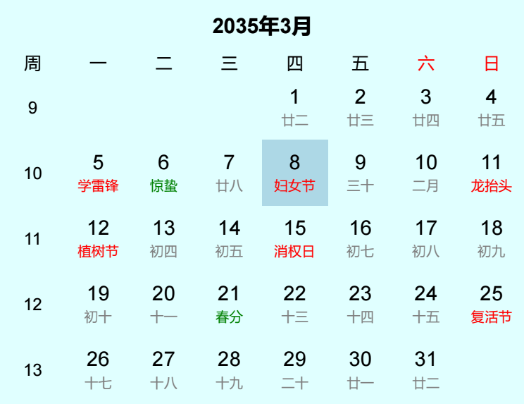 2035年妇女节日历