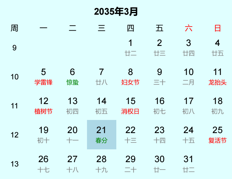 2035年春分日历