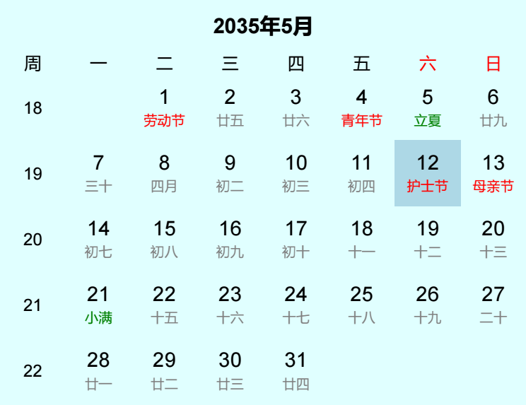 2035年护士节日历