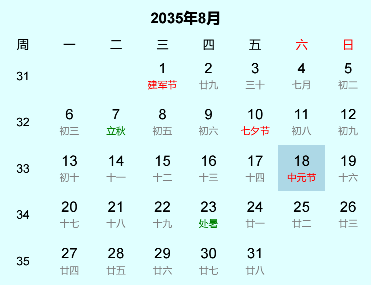 2035年中元节日历