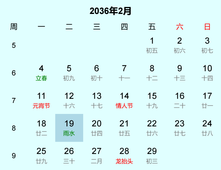 2036年雨水日历