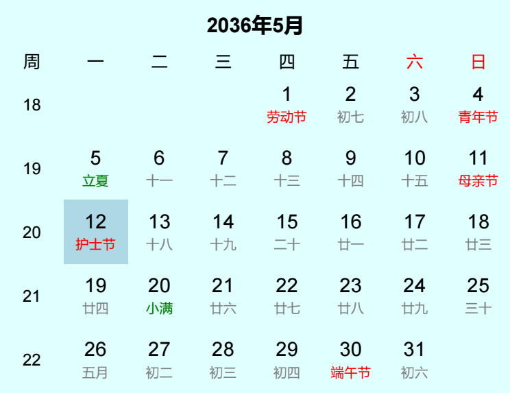 2036年护士节日历