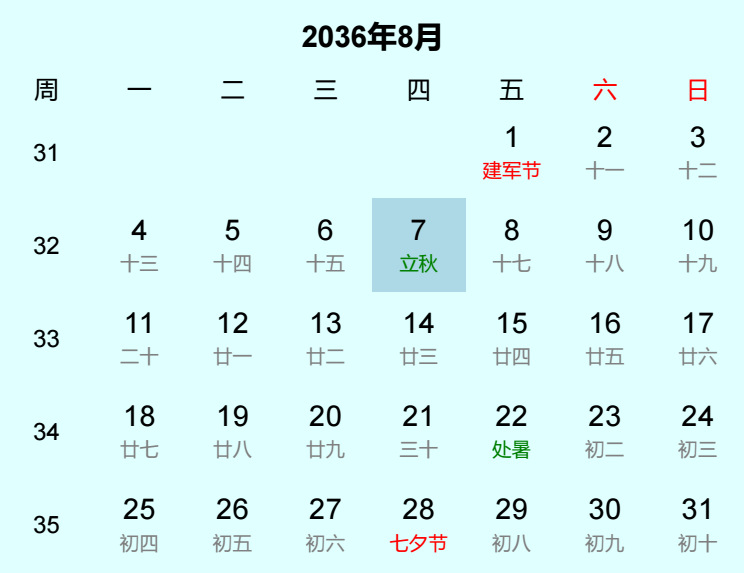 2036年立秋日历