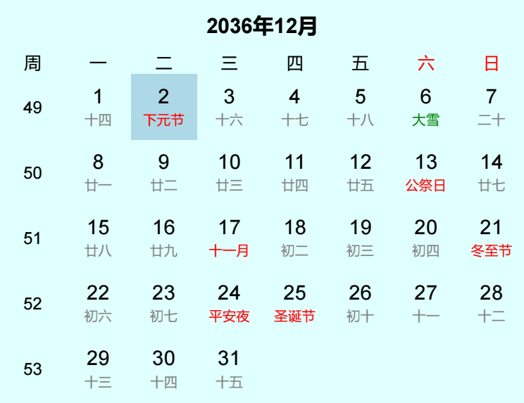 2036年下元节日历