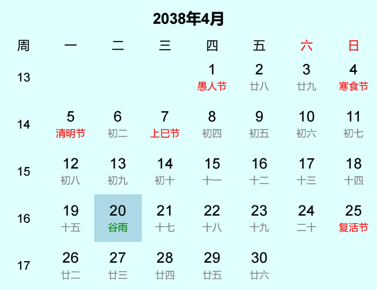2038年谷雨日历