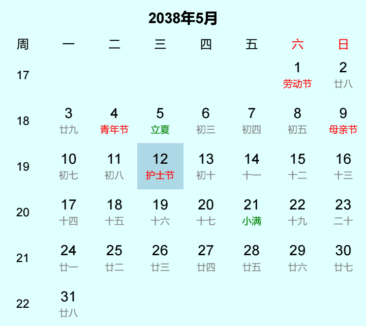 2038年护士节日历