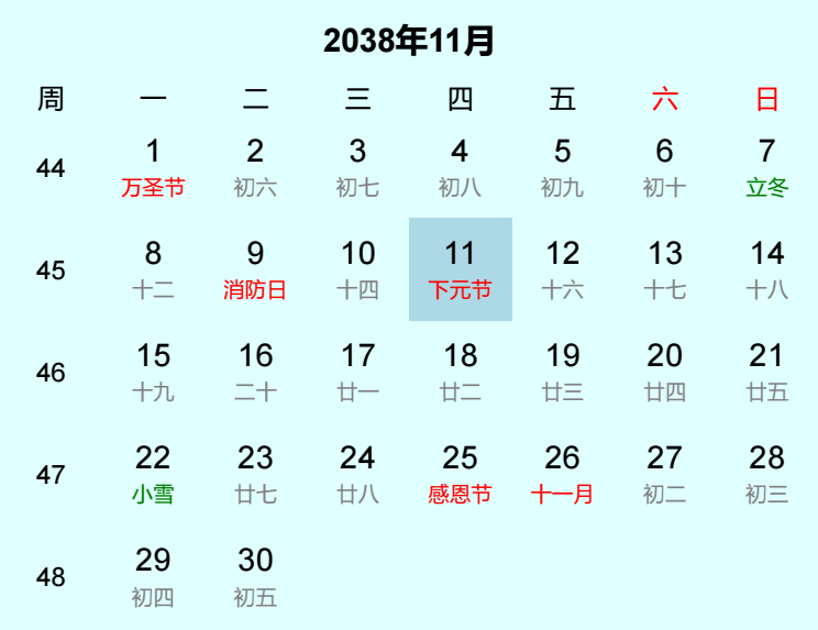 2038年下元节日历