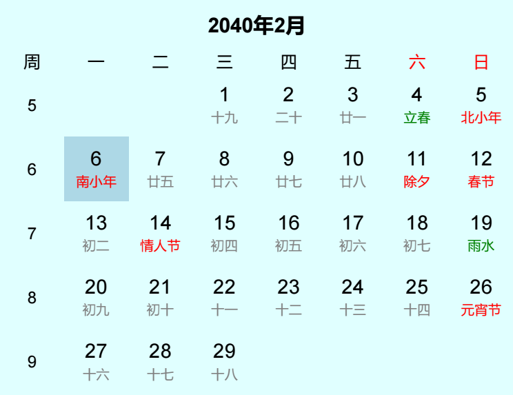 2040年南小年日历