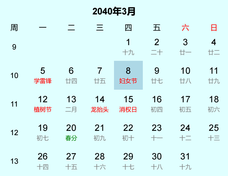2040年妇女节日历