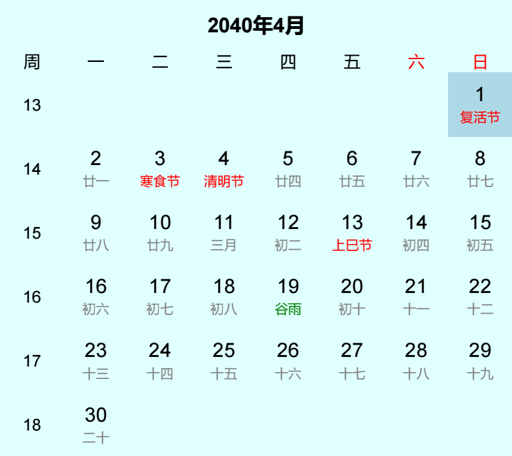 2040年复活节日历