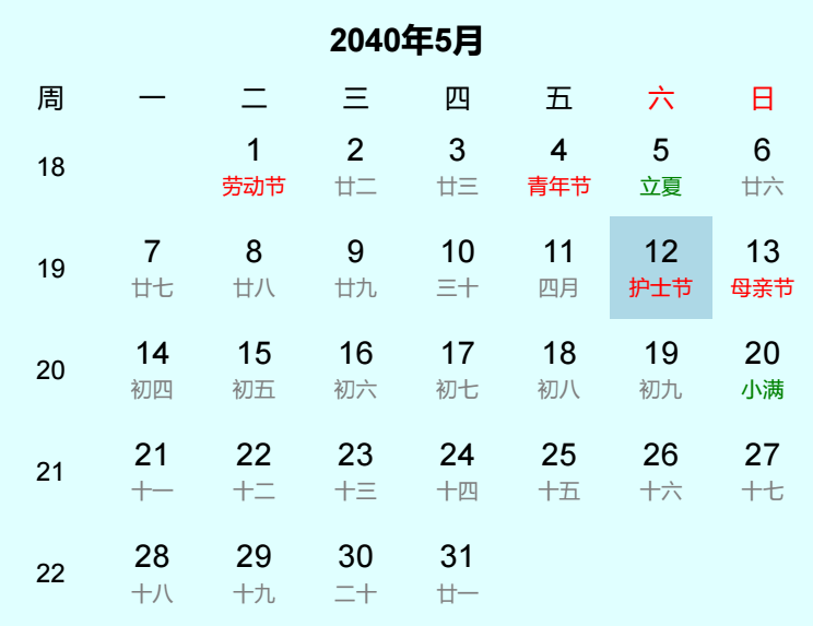 2040年护士节日历