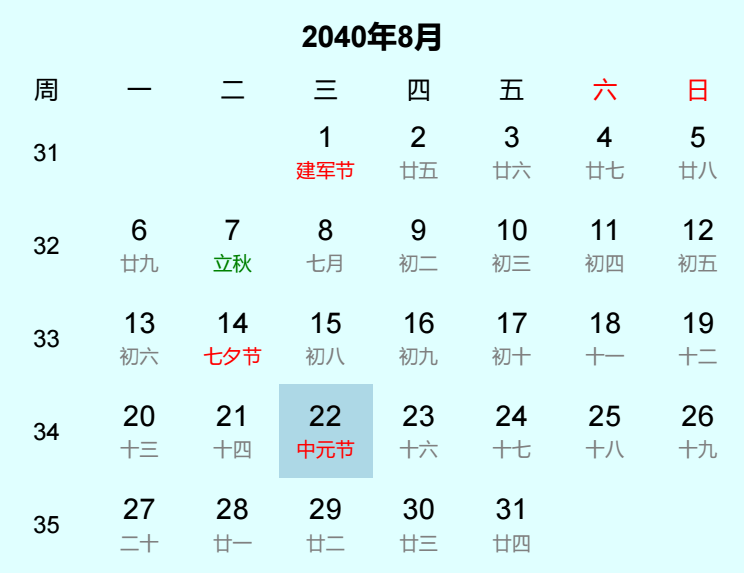2040年中元节日历