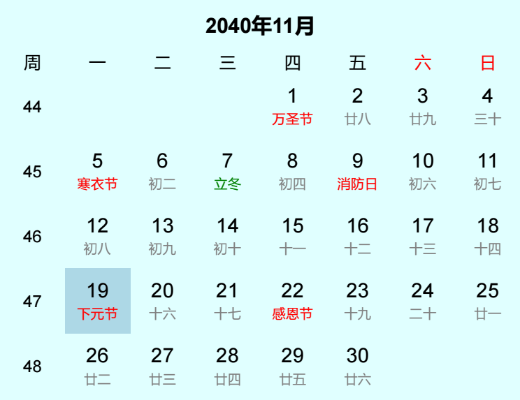 2040年下元节日历