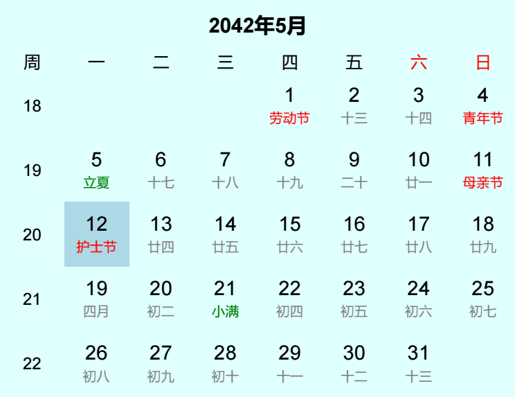 2042年护士节日历