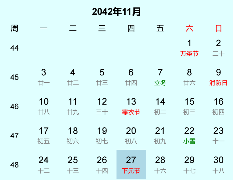 2042年下元节日历