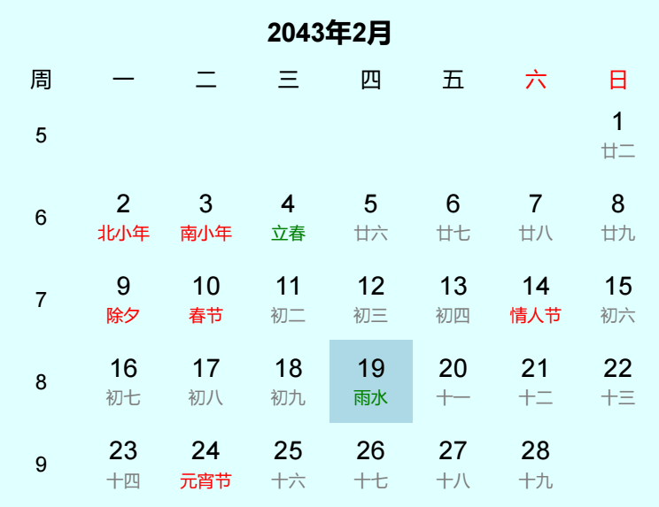 2043年雨水日历