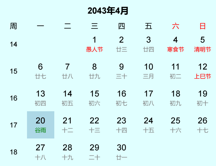 2043年谷雨日历