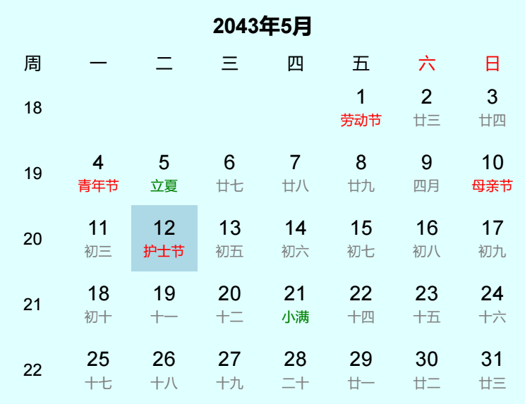 2043年护士节日历