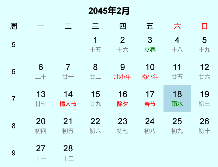 2045年雨水日历
