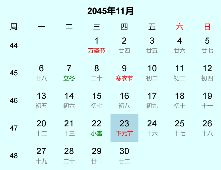 2045年下元节日历
