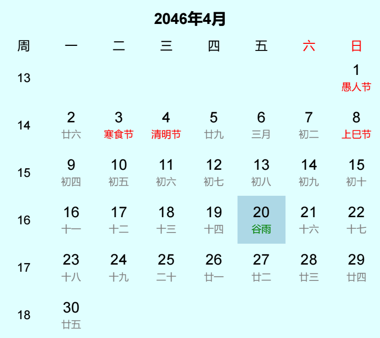 2046年谷雨日历