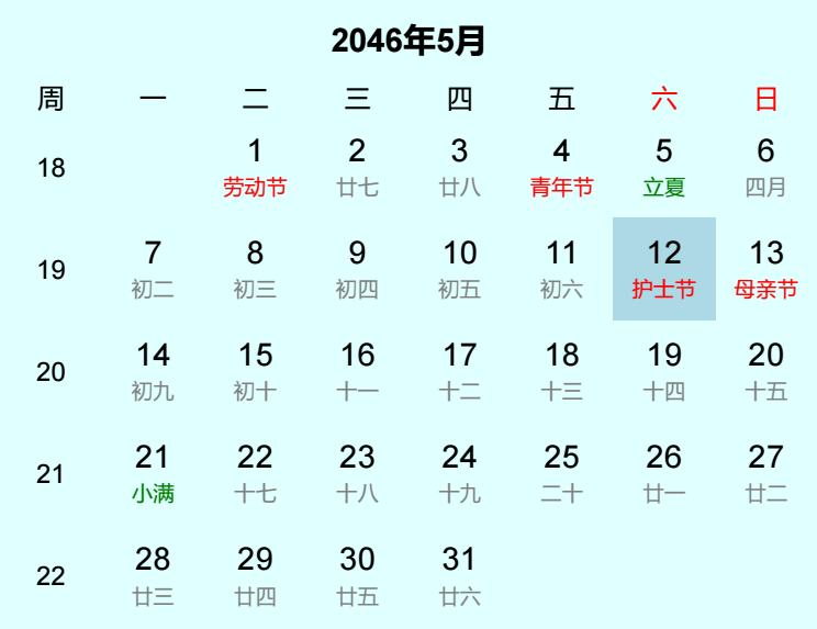 2046年护士节日历