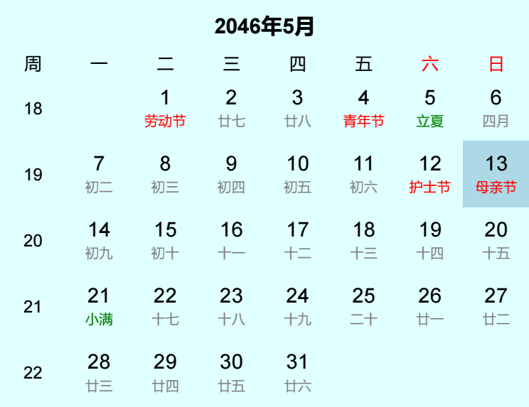2046年母亲节日历