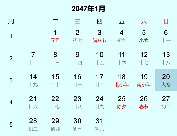 2047年大寒日历