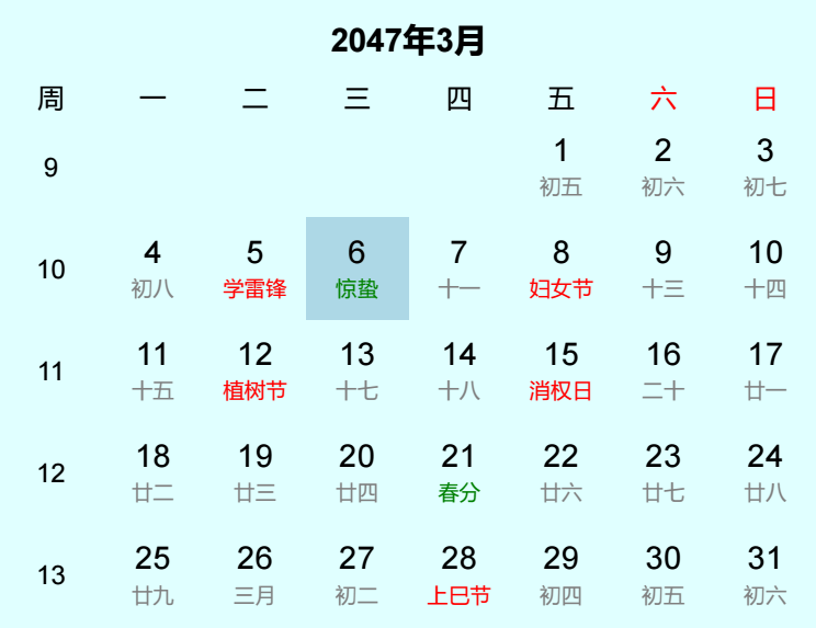 2047年惊蛰日历