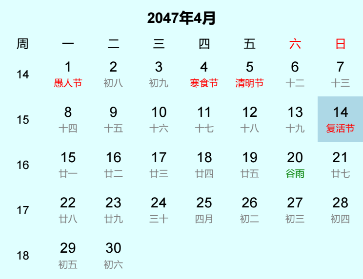 2047年复活节日历