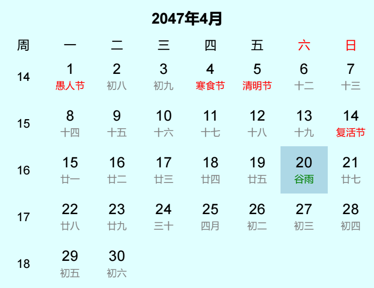 2047年谷雨日历