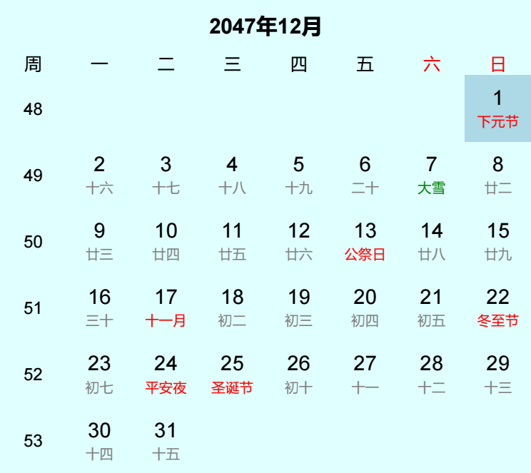 2047年下元节日历