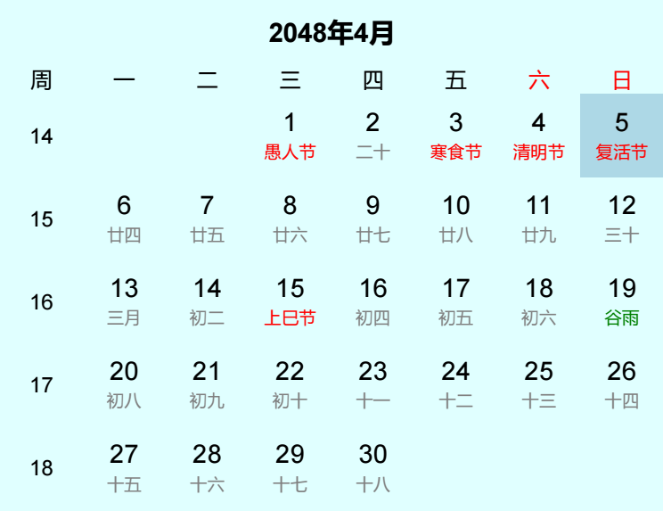 2048年复活节日历