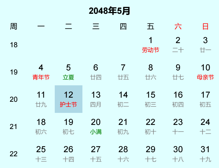 2048年护士节日历