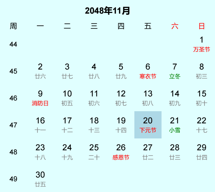 2048年下元节日历