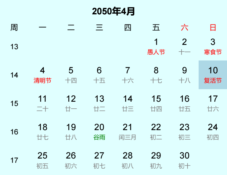 2050年复活节日历