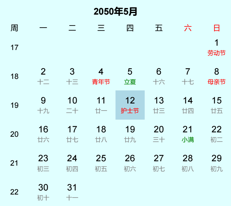 2050年护士节日历
