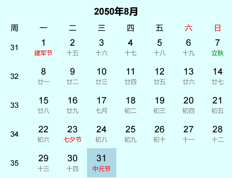 2050年中元节日历