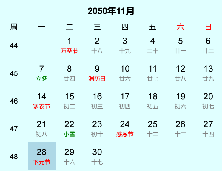 2050年下元节日历